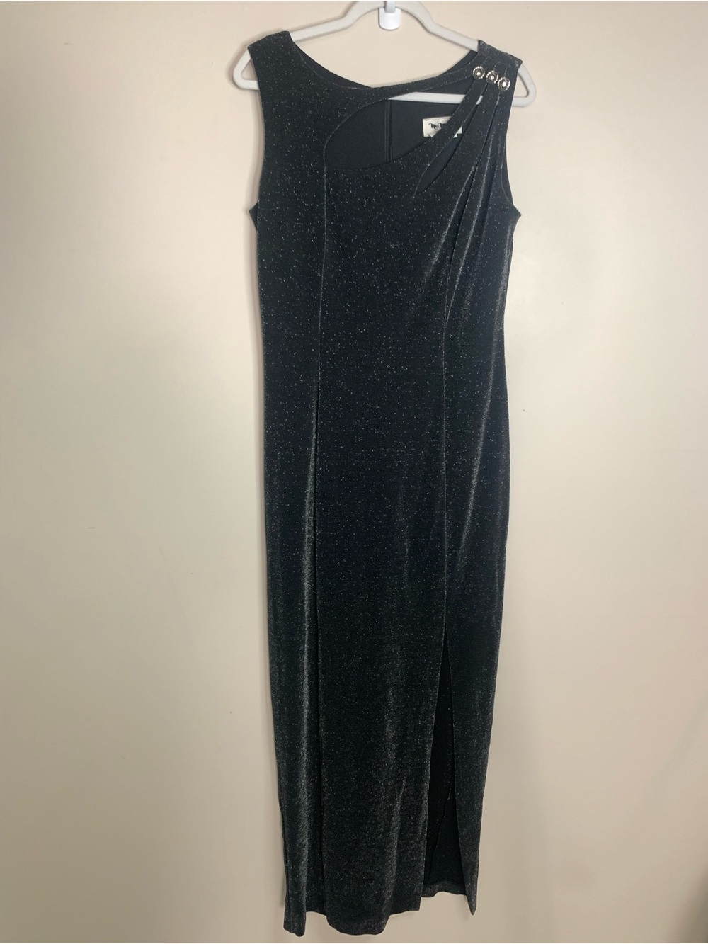Vintage Nu-Mode Black Sparkle Maxi Dress Sleeveless Evening Gown Cut Outs